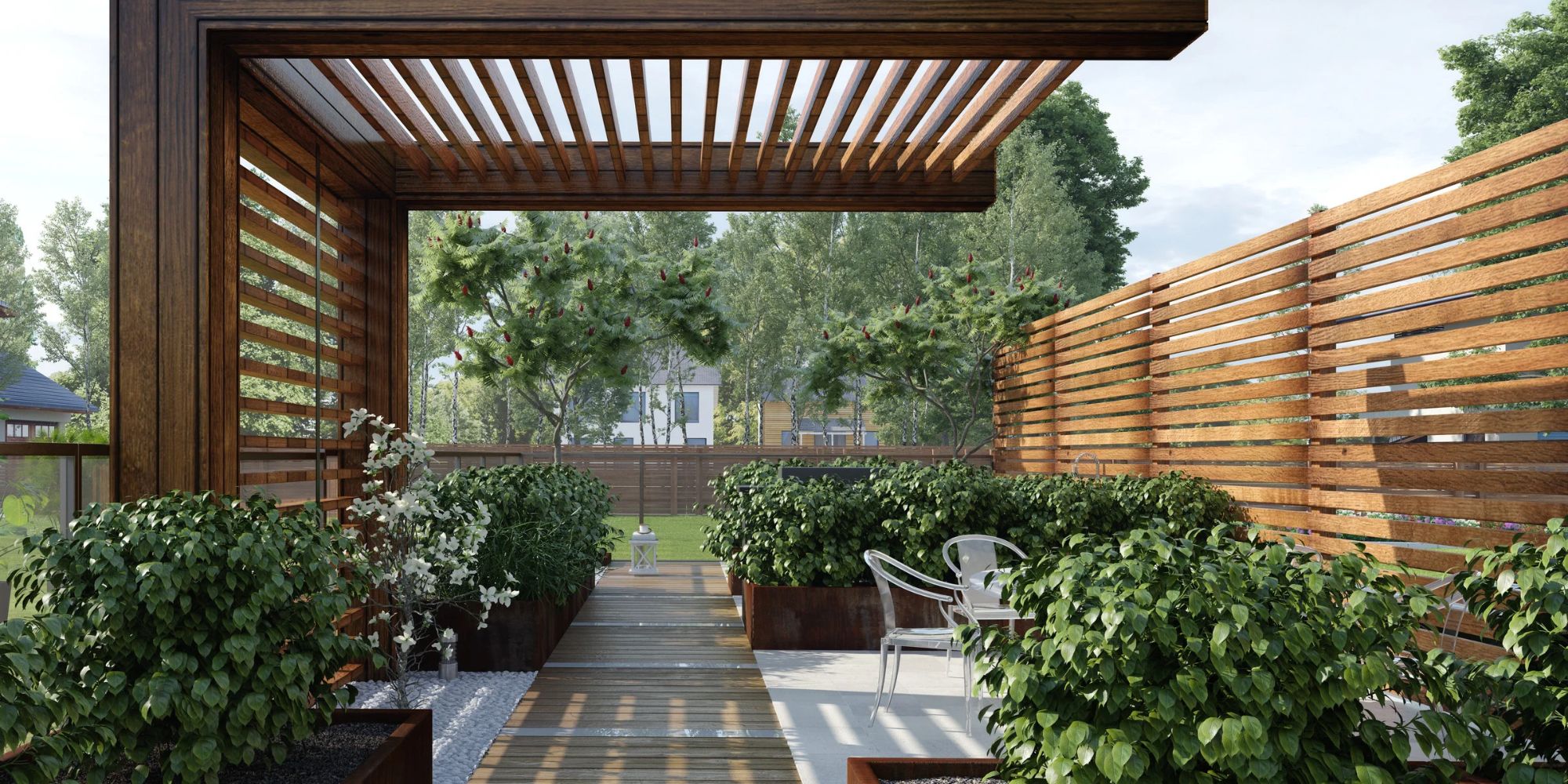 Modern wood pergola over a garden walkway