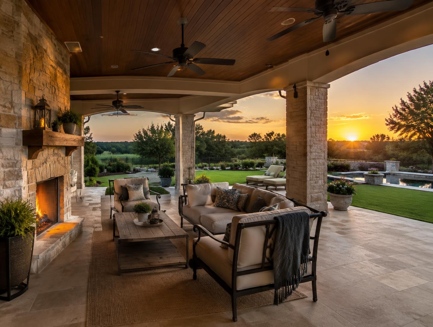 Covered patio with stone fireplace, ceiling fans, and outdoor seating at sunset