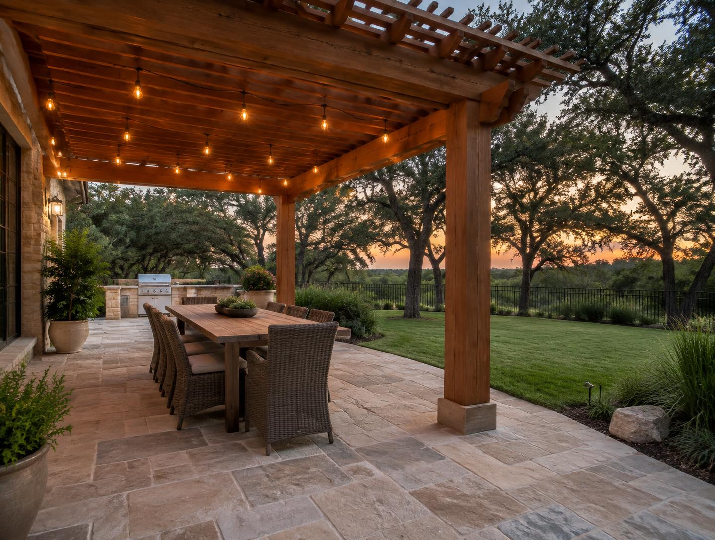 Cedar pergola with string lights over an outdoor dining table at dusk