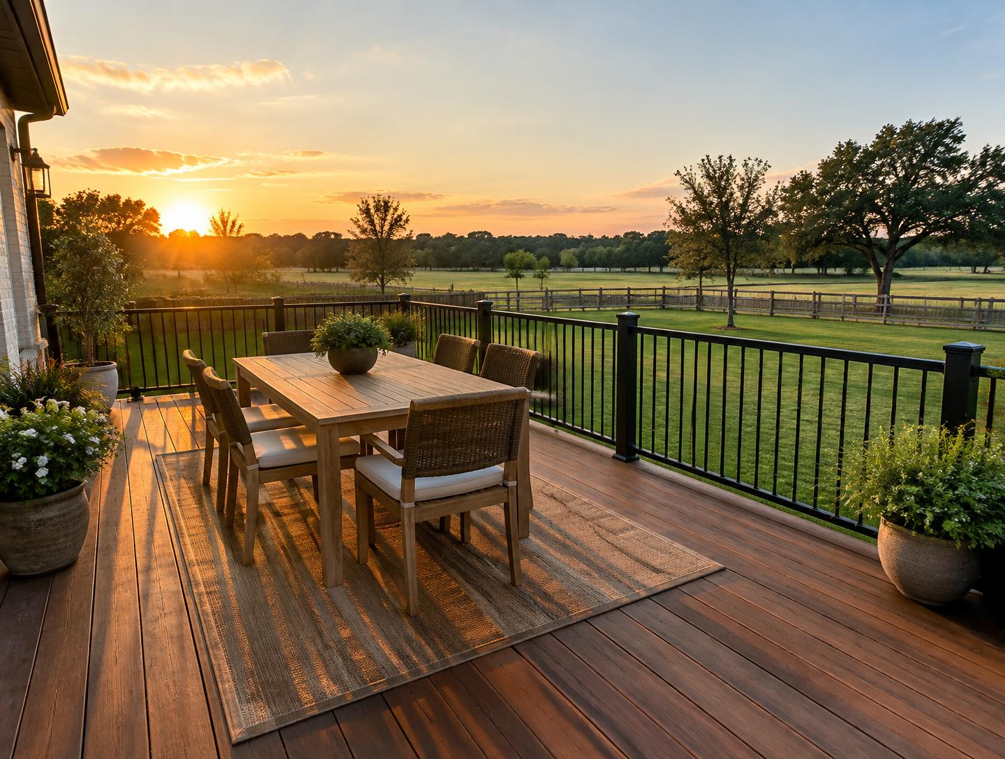 Wood deck with dining set overlooking a green lawn at sunset