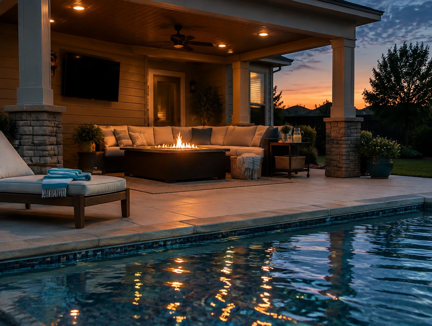Covered patio with fire table and lounge seating beside a pool in the evening