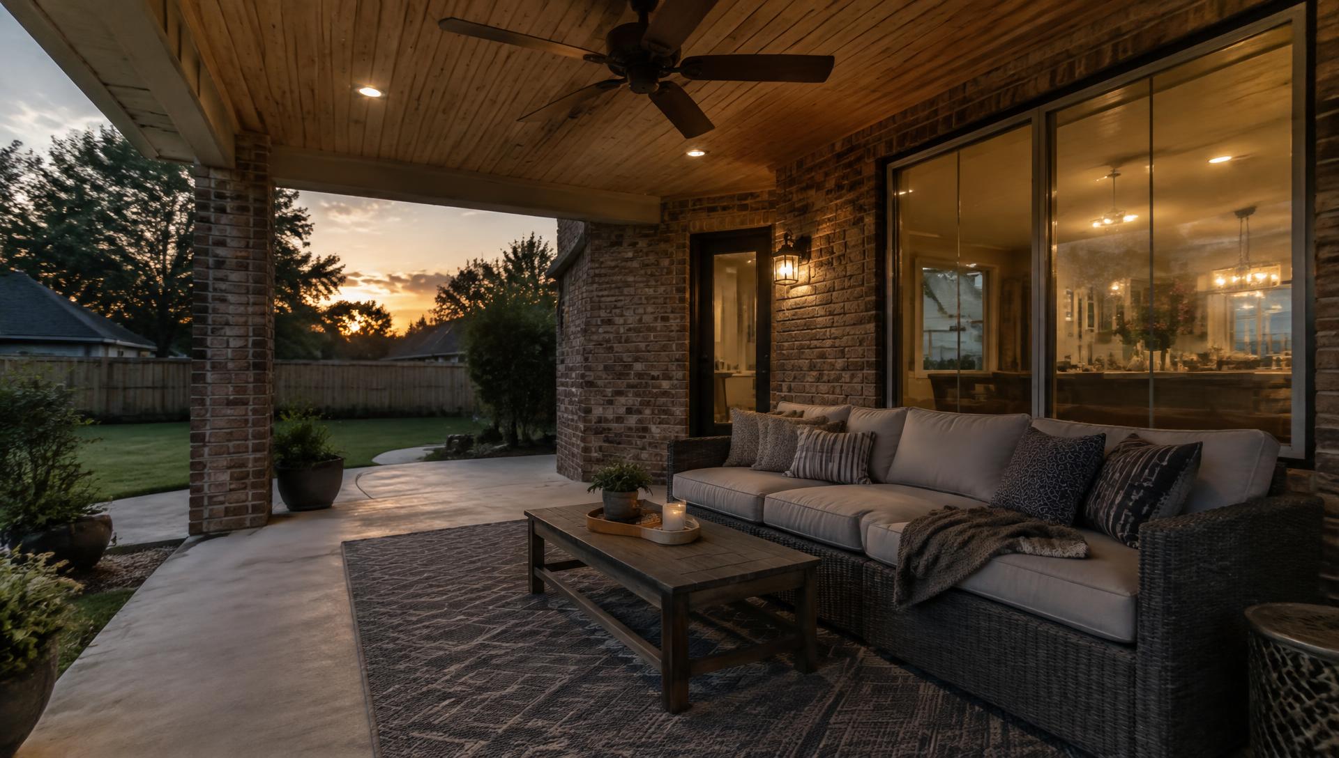 Covered patio with outdoor seating, ceiling fans, and a wood plank ceiling
