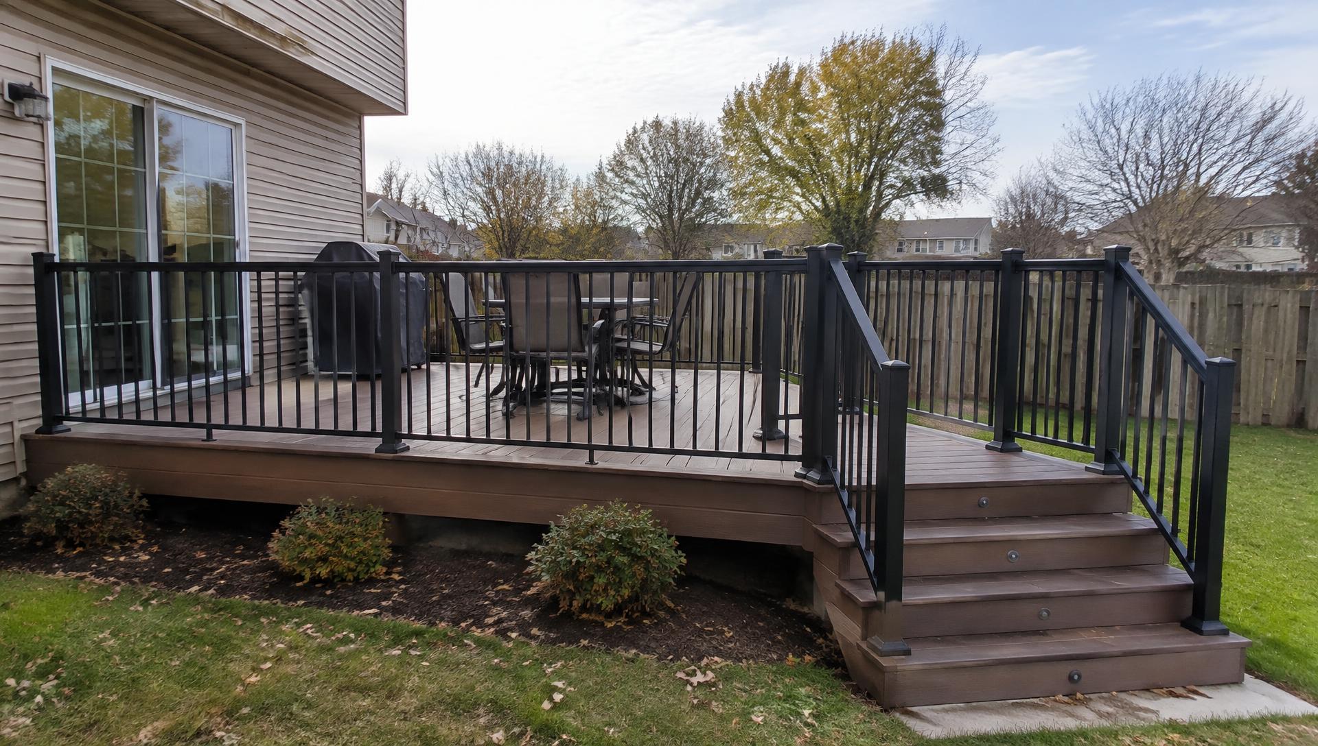 Elevated composite deck with dark railings and outdoor seating