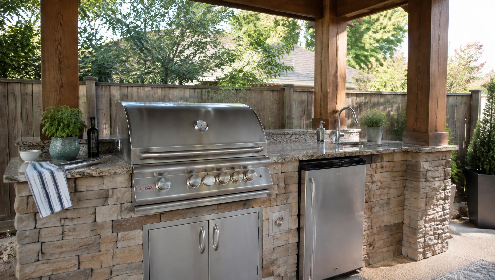 Outdoor kitchen with built-in grill and stone countertops