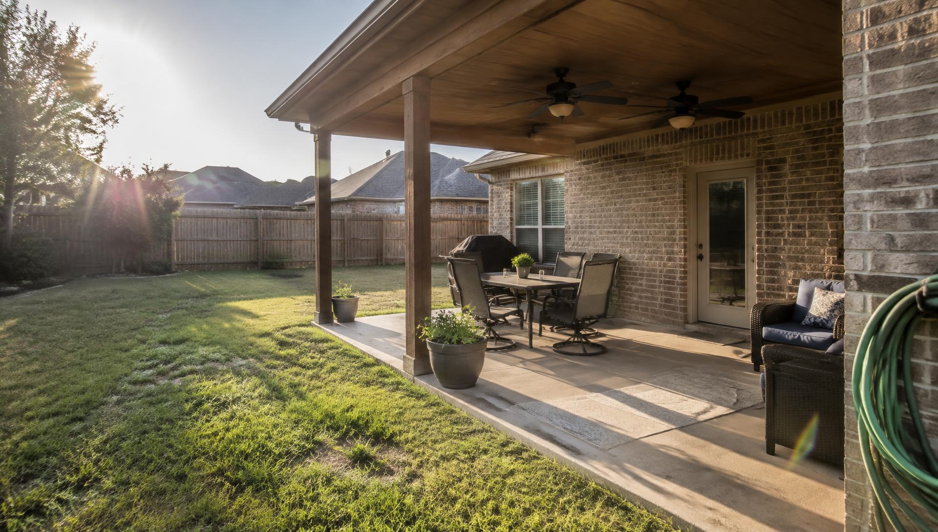 Attached wood patio cover with ceiling fans over a backyard seating area