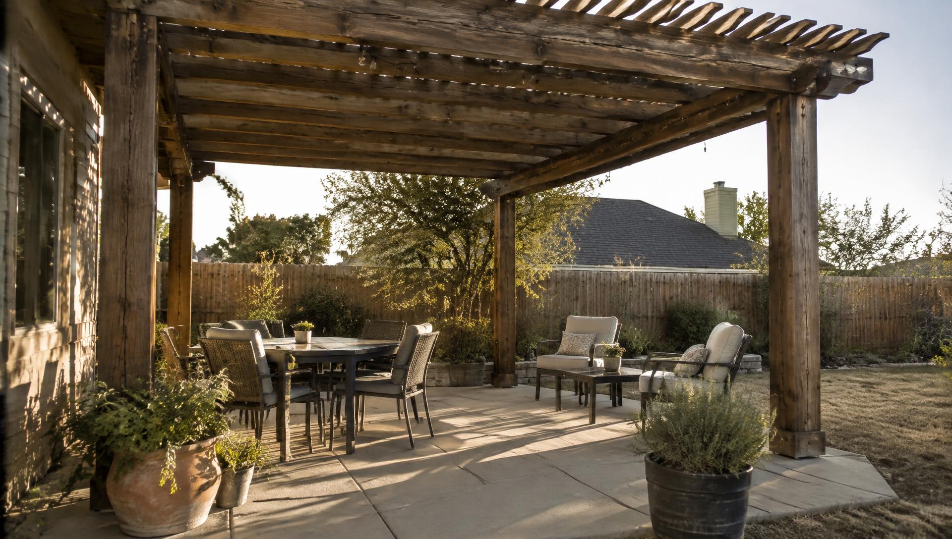 Cedar pergola providing filtered shade over a backyard patio