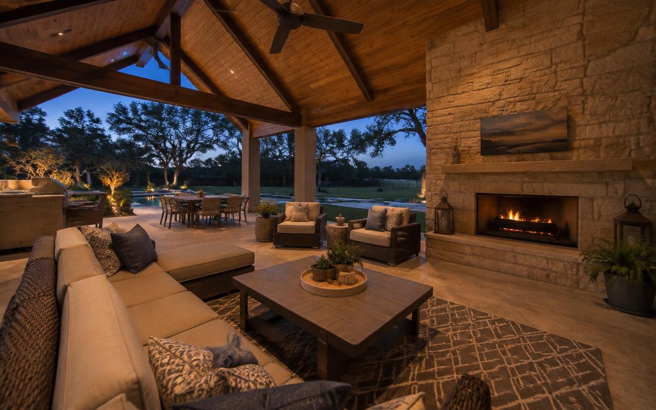 Covered patio outdoor room with stone fireplace and lounge seating at dusk