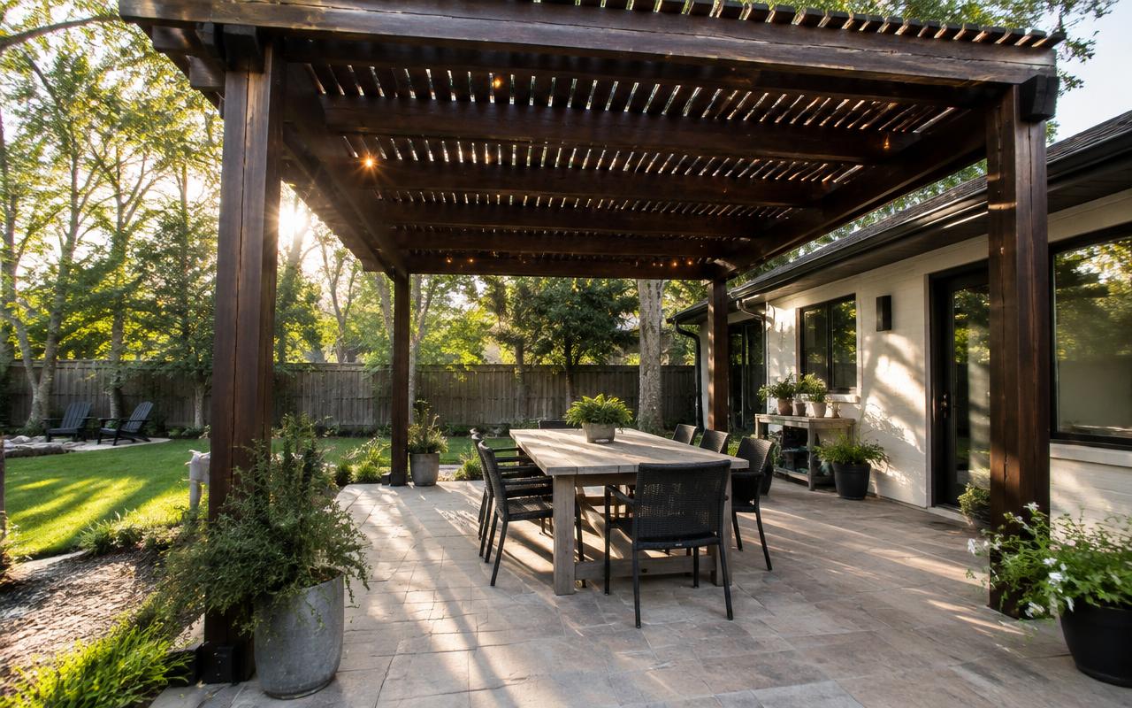 Dark wood pergola with string lights shading an outdoor dining table