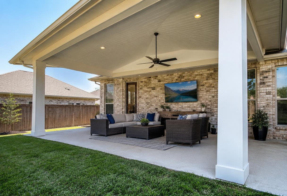 Covered patio with white columns, ceiling fan and outdoor living room