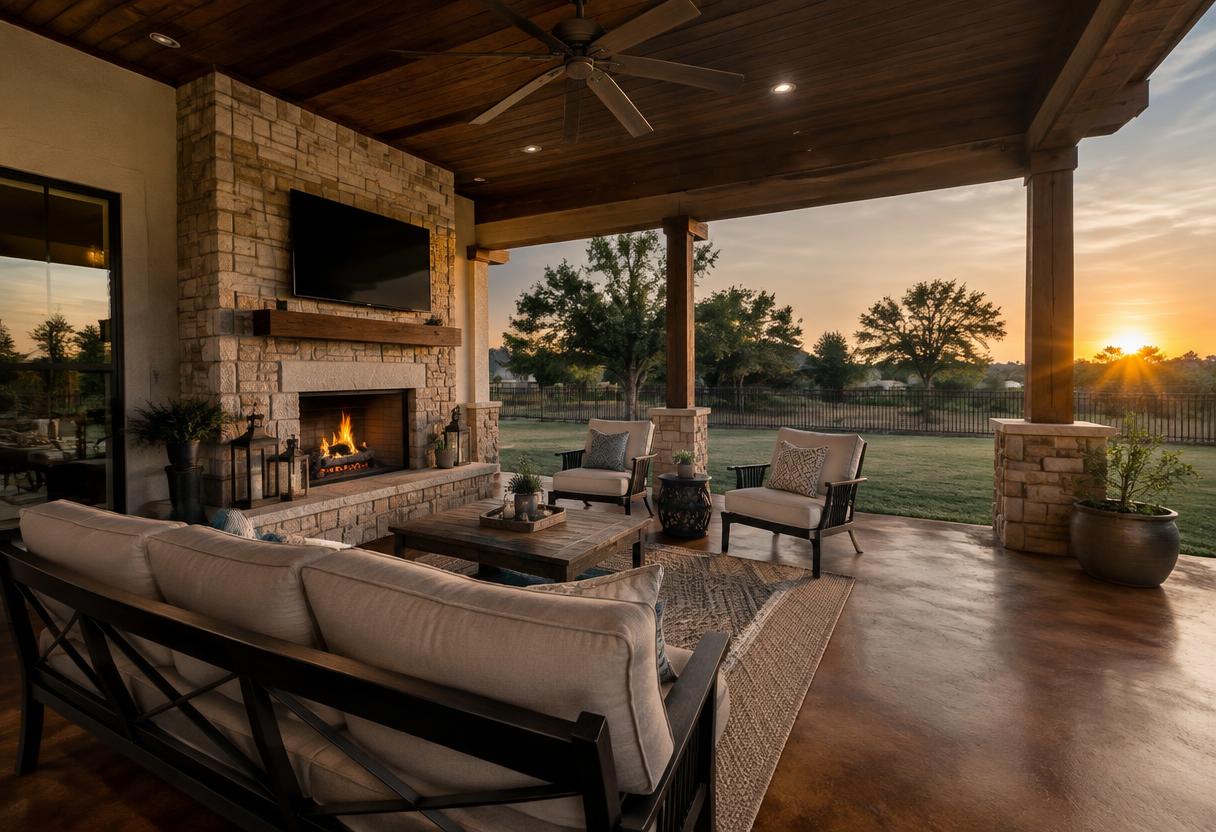 Covered patio with stone fireplace and stained concrete floor at golden hour