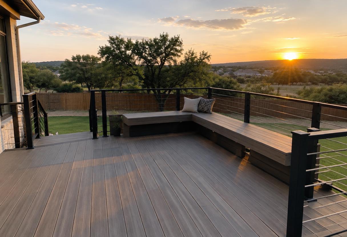 Modern composite deck with black cable railings and built-in bench at sunset