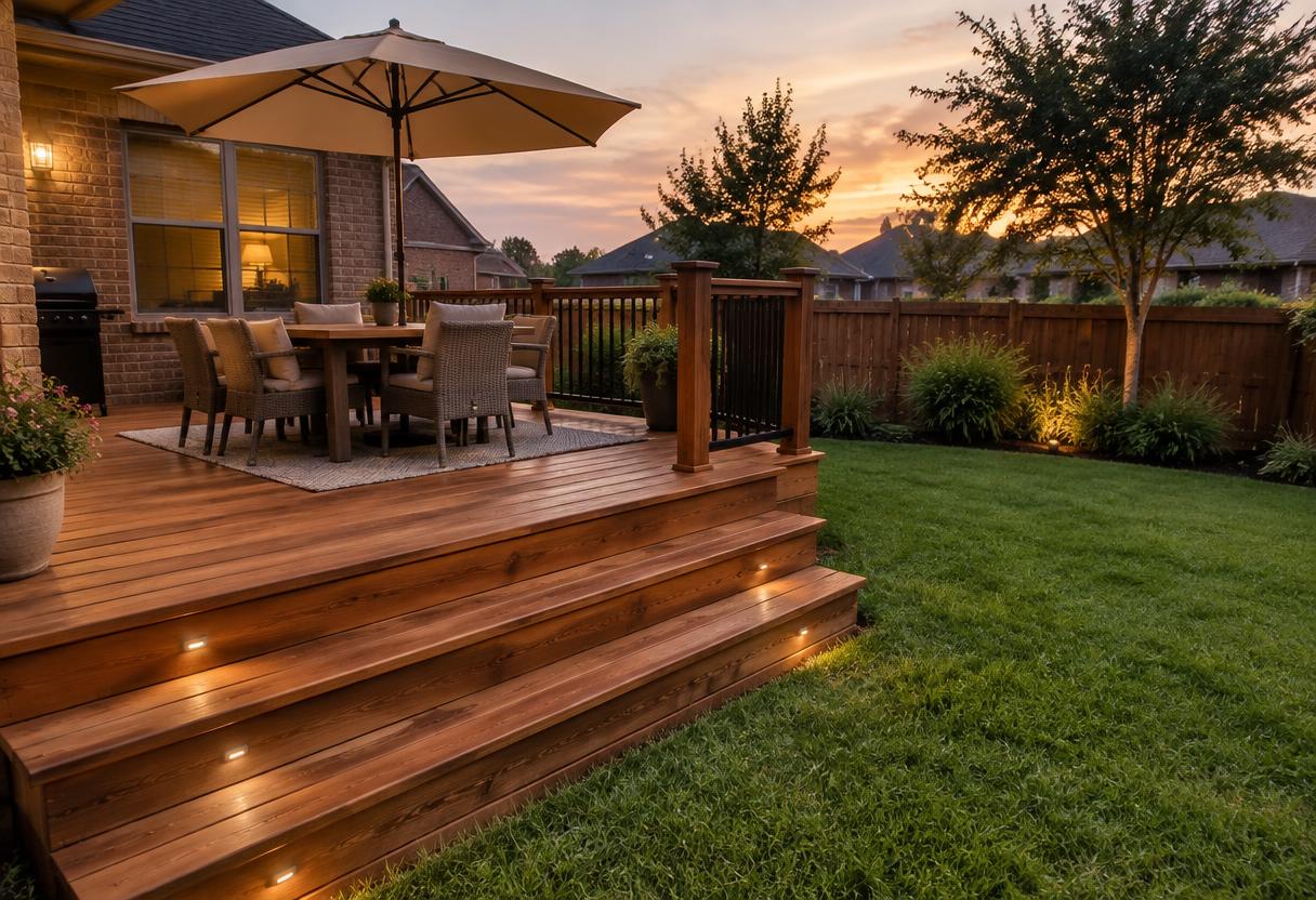 Cedar deck with lit steps and an outdoor dining set in the evening