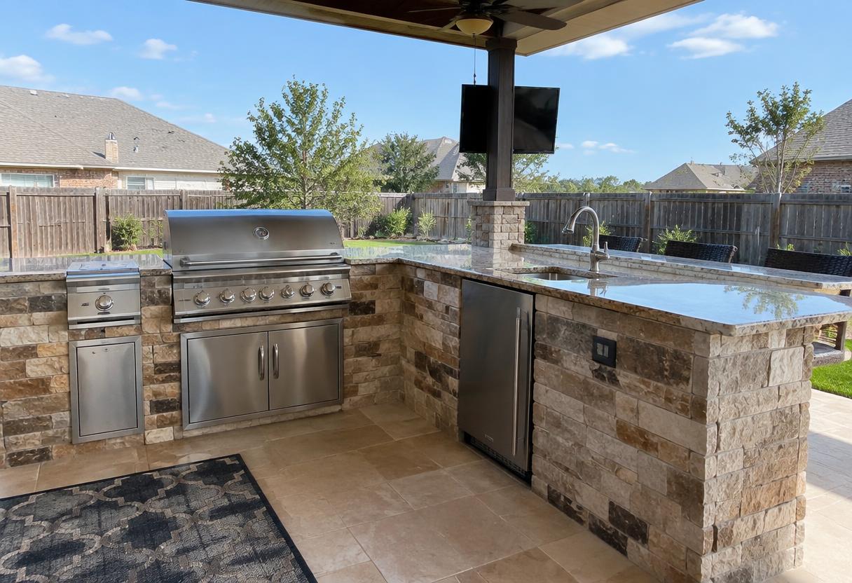 Outdoor kitchen with stainless grill and stone island under a patio cover