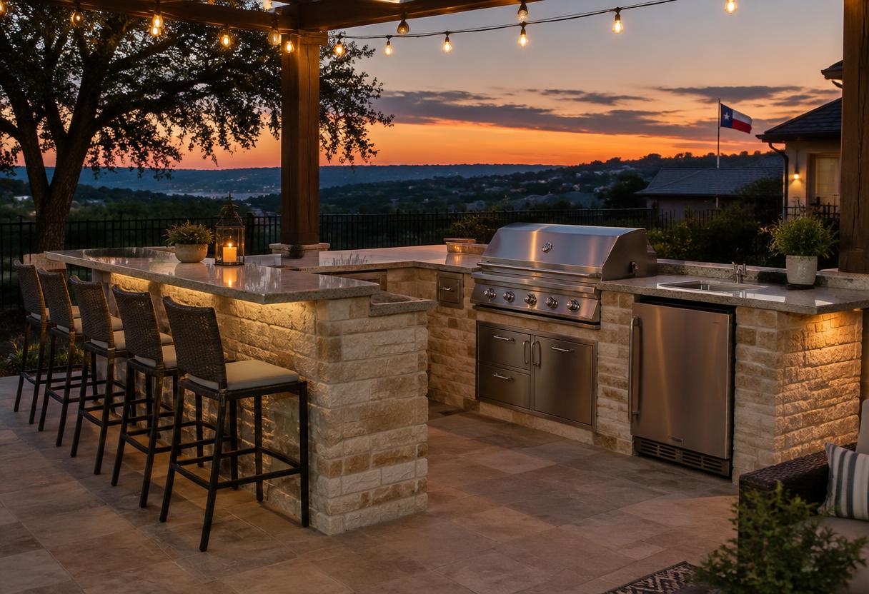 L-shaped outdoor kitchen with bar seating and string lights at dusk