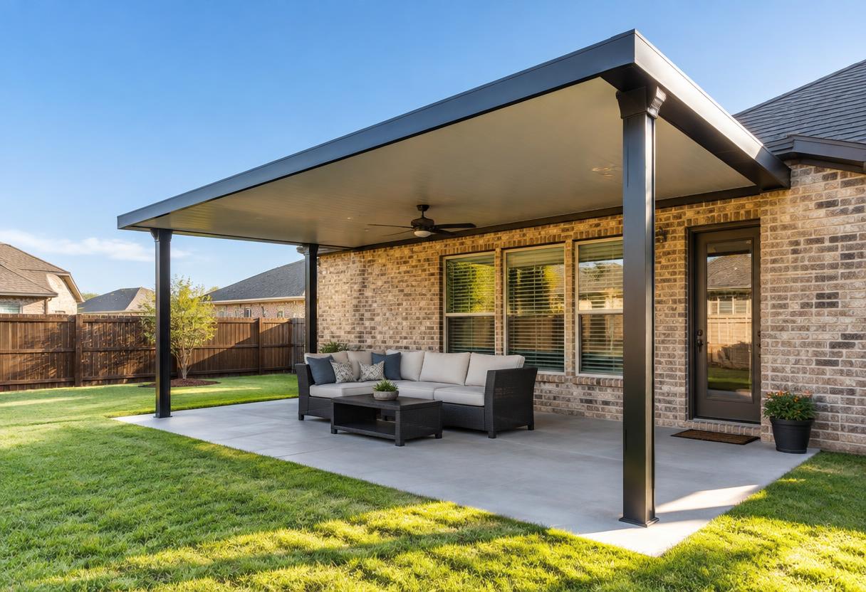 Modern aluminum patio cover over an outdoor sofa in an Abilene backyard