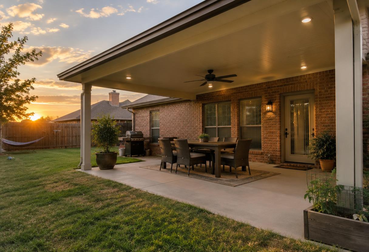 Insulated patio cover with ceiling fan and dining set at sunset