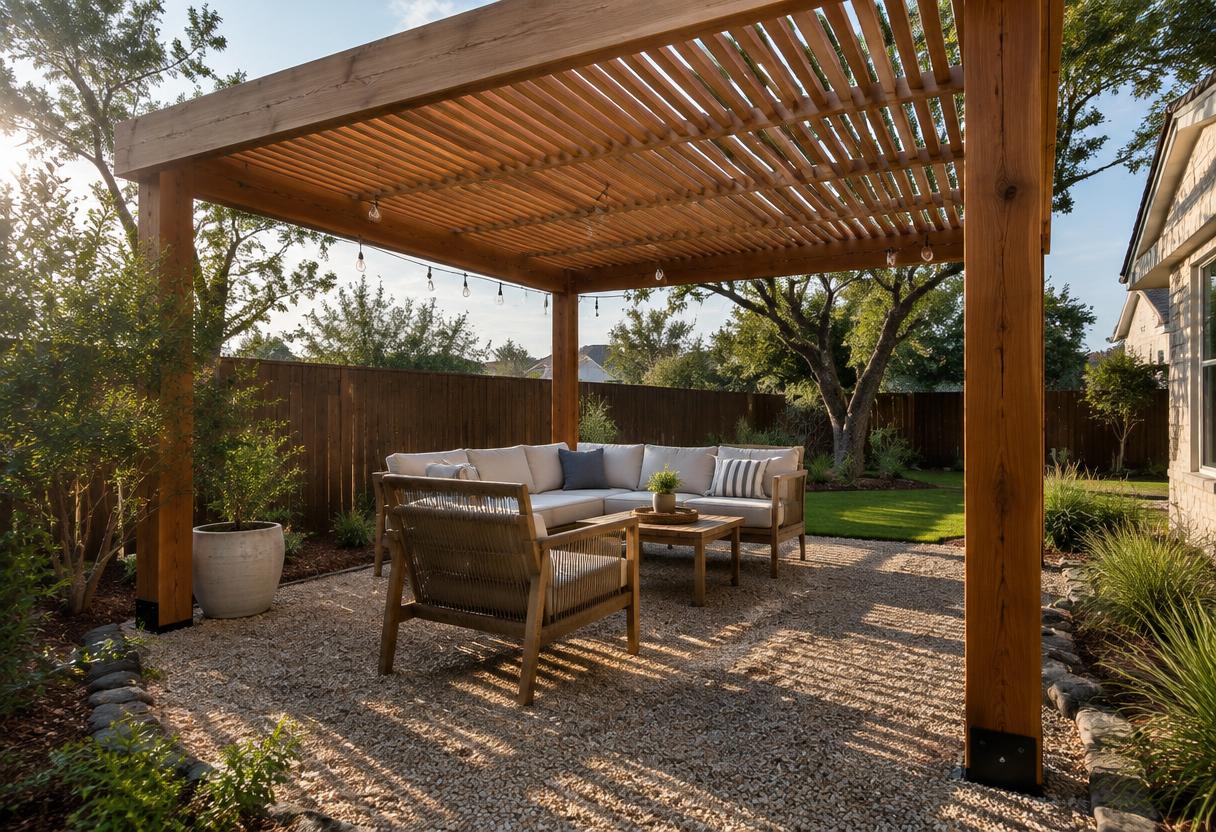 Cedar pergola with string lights over a gravel seating area
