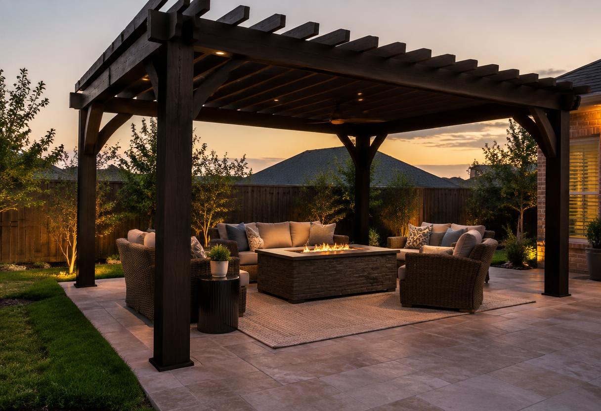 Dark stained pergola over an outdoor lounge with a fire table at dusk